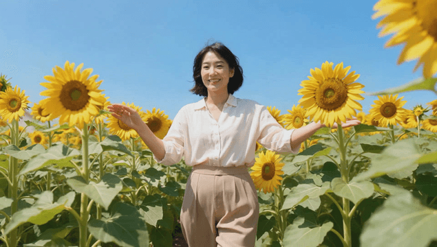 Woman enjoying a walk in a sunflower field