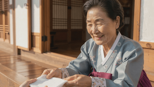 Grandmother in hanbok handing fabric to a child