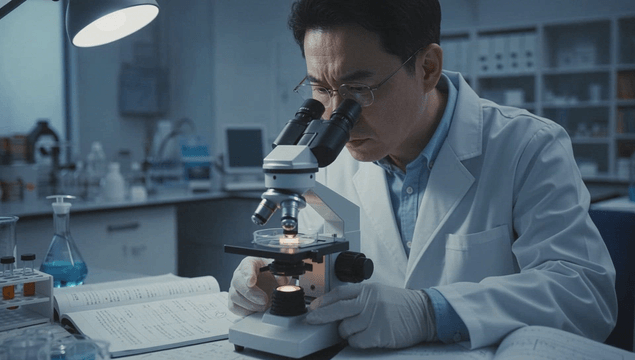 Scientist examining a sample under a microscope in a laboratory
