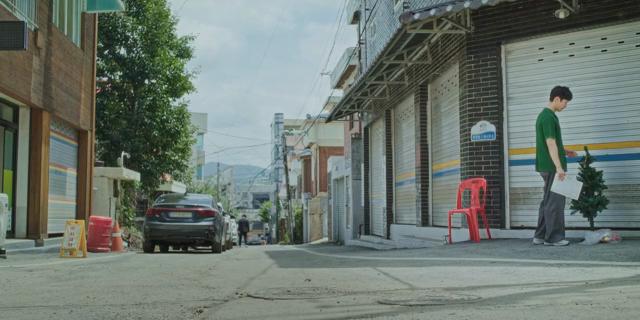 A man walking past a tree on the street