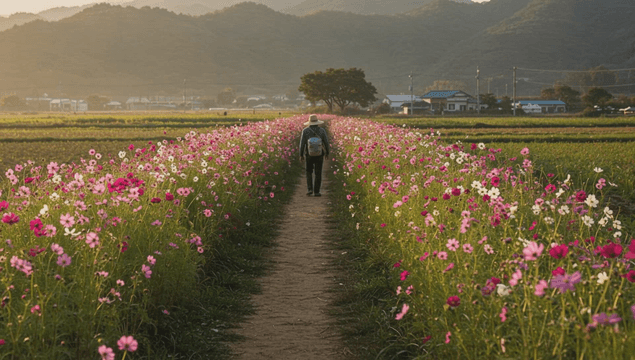 A person walking through a flower field