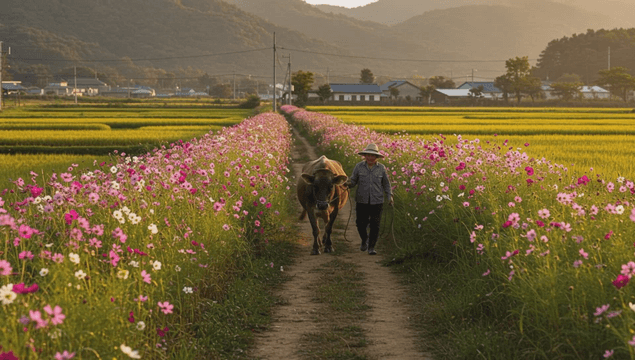 A farmer walking with a cow on a flower-lined path