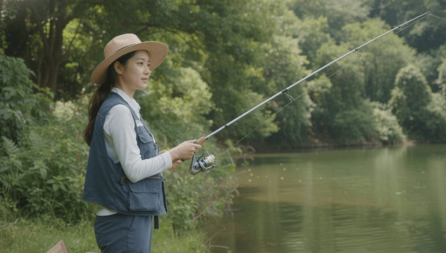 Young woman fishing by a quiet riverbank