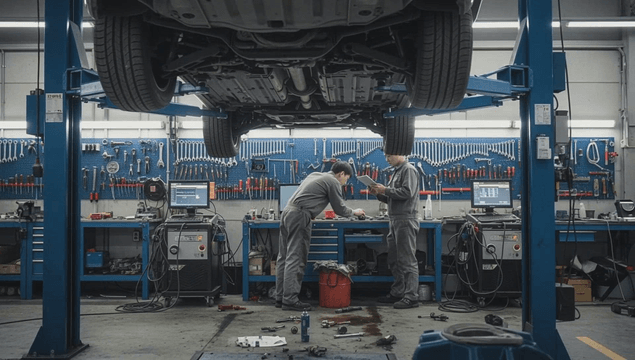 Mechanics working under a lifted car
