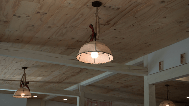 Wooden ceiling with hanging lamps