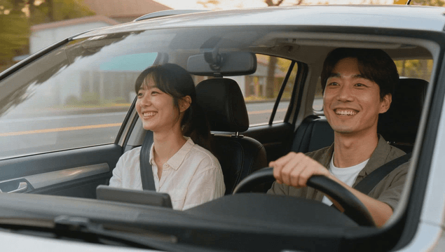 Couple enjoying a drive at sunset