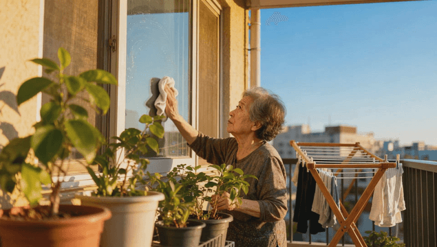 Elderly woman cleaning a window on a balcony with flowerpots and laundry