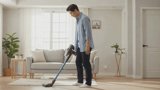 Man vacuuming the floor in a bright living room